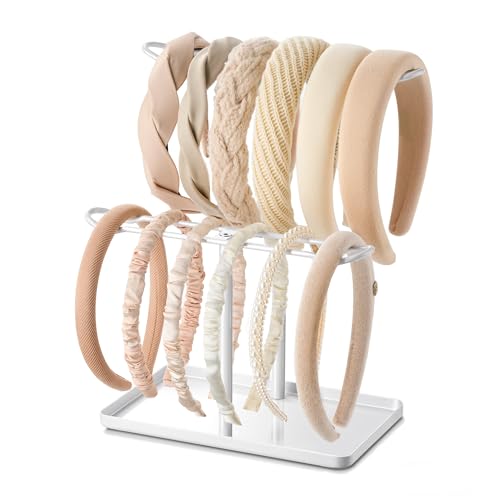 Headband Holder Organizer, 2-Tier T-bar Storage Stand with Tray for Hair Accessories Hairband Hair Clip, for Girls Women, White - color: White-white