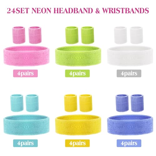 72 Pcs 80s Neon Headbands Sweatband Set, Include 24 Sports Headbands and 48 Sweat Wristbands Bulk for Woman Man - style: Simple