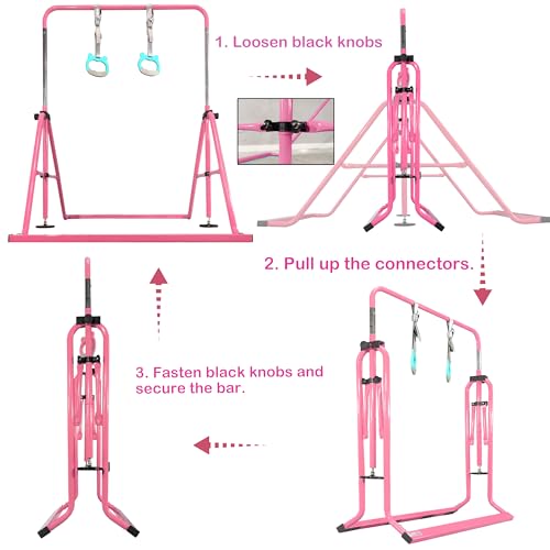 Folding Gymnastics Bar with Rings, Foldable Kip Bar with Sturdier Base, Training Bar for Kids Ages 3-10, Horizontal Bar, Home Gym Equipment for Boy Girl - color: Pink, style: Foldable Bar