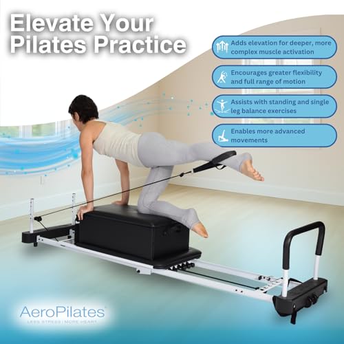AeroPilates Reformer Box & Pole Set - Premium Pilates Sitting Box | Universal Pilates machine fit, solid wood padded box with handles, adjustable steel balance pole, foot strap, workout video