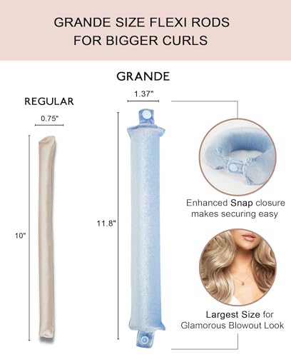Grande Heatless Curls Overnight Rods - Upgraded Directional Grip Velvet - No Heat Hair Curlers to Sleep, Jumbo Large Hair Rollers Flexible Curling Rods Set for Long Thicker Coarser Hair Blowout Look - color: Pale Blue