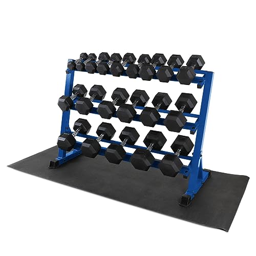 WF Athletic Supply Rubber Coated Hex Dumbbell Set, Multiple Choices Available - Dumbbells with Rack Stand and Mat, or Dumbbells Only (200/550/1200/2100/3000 LB) - color: e. 5 - 50LB w/ 3-tier BLUE Rack and Mat