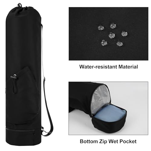 sportsnew Yoga Mat Bag with Water Bottle Pocket & Wet Pocket for Women | Yoga mat carrier fits 1/8"-3/8" yoga mats, quick-access multi-pocket organization, lightweight for gym, Pilates & studio - color: Black, size: Medium