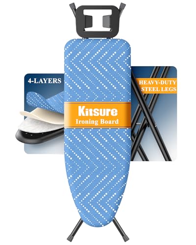Kitsure Folding Ironing Board - Height Adjustable Iron Board in Full Size, Wobble-Free & Heavy-Duty Ironing Board with Cover and Pad for Heat Resistance, Light Blue, 43" L x 13" W x 35.8" H - color: Light Blue