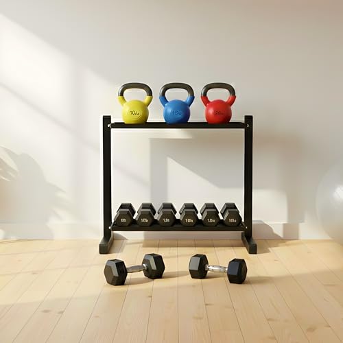 FEBTECH Heavy-Duty 2-Tier Kettlebell Rack, Gym Storage Rack for Kettlebells | Compact kettlebell rack design weight rack for home gym, steel weight storage racks organizer with secure weight holder Black