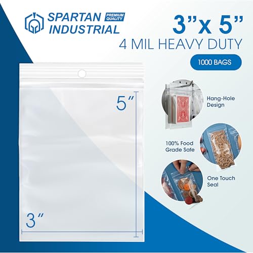 3" X 5" Heavy-Duty Zip Bags With Hang Hole for Displays (1000 Count) - 4 Mil Plastic Resealable Bags for Storage and Packaging - Spartan Industrial - size: 3" X 5"