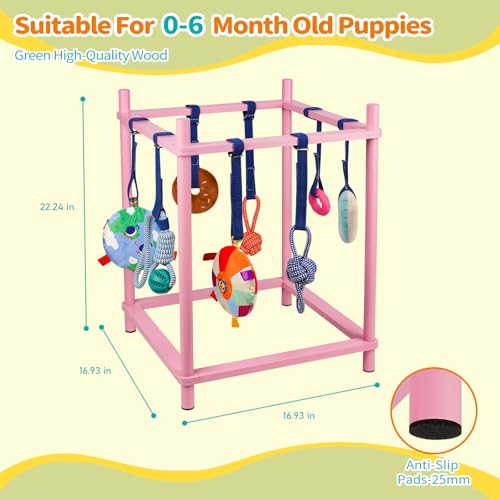 Wooden Puppy Play Gym for Small Dogs, Puppy Jungle Gym with 8 Hanging Toys, Wood Frame Indoor Puppy Gym with Dog Enrichment Toys for Puppies and Small Pets (Pink) - color: Pink