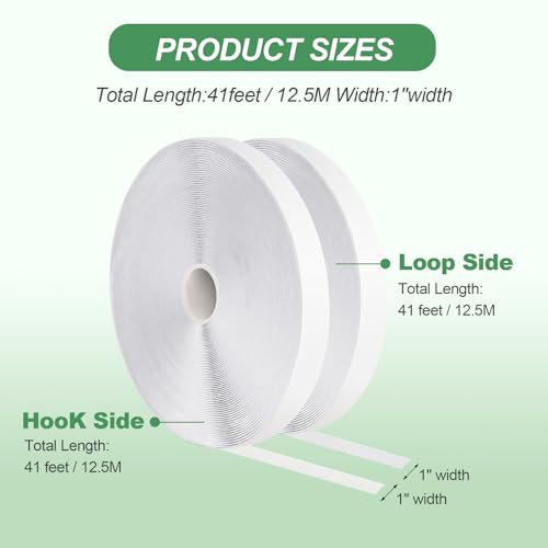 1''×41Ft White Heavy Duty Hook And Loop Tape Adhesive, No Punching Picture Wall Mounting Roll, Sticky Back Couch Cushion Grip, Keep Rugs in Place, Strong Adhesive Tape for DIY at Classroom Office Home - size: 1In × 41Ft, style: White