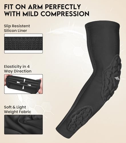 Compression Padded Arm Sleeves for Youth & Adults - Elbow & Forearm Support - Breathable Football Padded Sleeves - color: Black, size: Adult Medium
