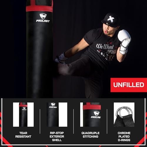 Heavy Punching Kicking Bag for Adults, Boxing, MMA, Martial Arts, Muay Thai, Strength Training Equipment, Filled, 5ft, 100 lbs, Colored Strap and Rhino Logo - color: Red / Black, size: Unfilled