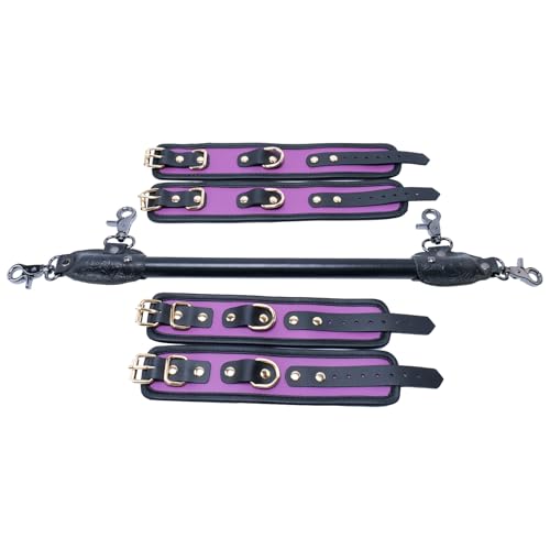 Wooden PU Spreader Bar with 4pcs PU Adjustable Straps,Workout Bar for Home Gym Training Bar,Portable Detachable Pilates Kit - style: Embossed Black+PU Purple Kit
