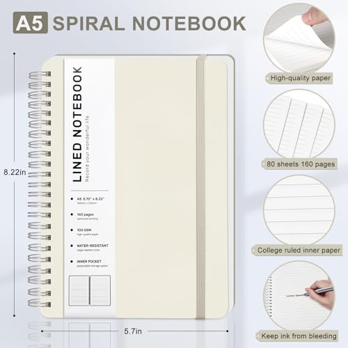 ABERLLS Lined Spiral Journal Notebook with 160 Pages, 8×5.7in, A5 Spiral Notebook, Journaling Notebooks for Work, School, Women, Men, College Ruled Spiral Notebook, Hardcover Leather Journals, Beige - color: Light Yellow, size: A5