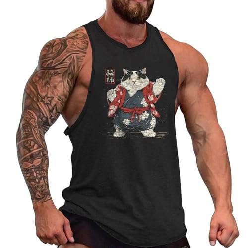 domirica Mens Sleeveless Cotton T-Shirts Novelty Graphic Crewneck Pullover Big and Tall Gym Muscle Outdoor Sleeveless Shirts - color: Cat, size: X-Small