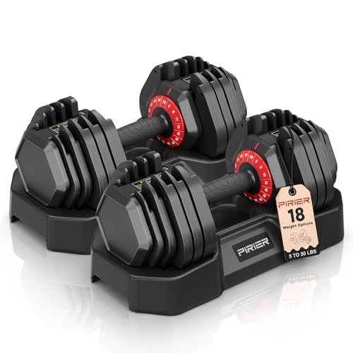 PIRIER Adjustable Dumbbell Set 25/50LB Dumbbells Weight, 10-in-1/18-in-1 Weight Dumbbell with Anti-Slip Metal Handle and Bicep Supports for Comprehensive Full Body Strength Training - color: Black-50LB(Pair)