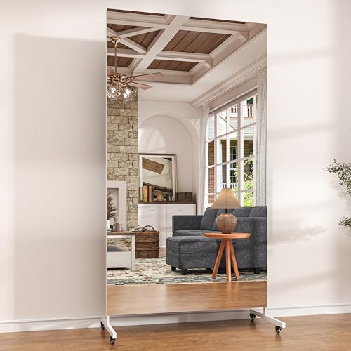 Hasipu 71" x 36" Full Length Floor Mirror on Wheels, White | Tempered glass, sturdy metal frame, smooth rolling casters, removable stand, ideal for gym, bedroom, dance studio & yoga. - color: White, size: 71"L x 36"W