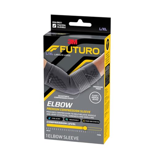 FUTURO™ Premium Compression Elbow Sleeve, with Wrap-Around Strap and Two Gel Pressure Pads, for Mild Tendonitis, Golfer’s Elbow, Tennis Elbow, Swelling, Sprains, and Strains, Large/XLarge - size: Large/X-Large