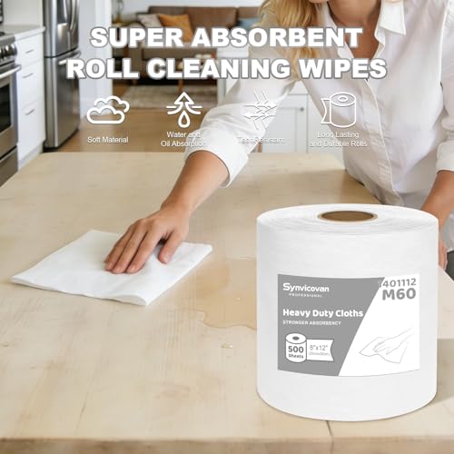Jumbo Roll Industrial Cleaning Wipes, Lint-Free and Super Absorbent Heavy Duty Cloths, White (1 Roll of 500 Sheets, 12"x 8" Each Sheet) - color: White