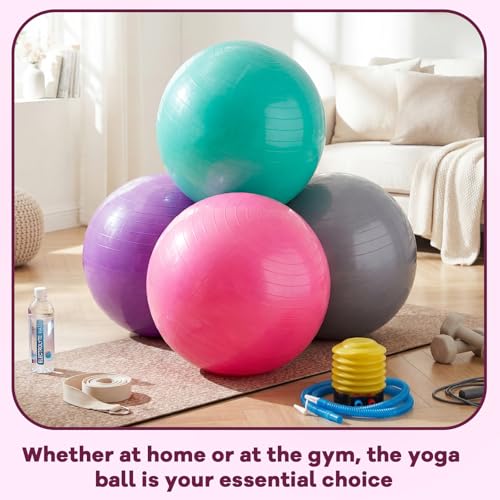 Leyndo 4 Pcs 26 Inch Yoga Exercise Ball Pilates Pregnancy Birthing Fitness Ball with Quick Pump Anti Burst for Improved Posture, Balance, Yoga, Pilates, Training - color: Pink Green Gray Set
