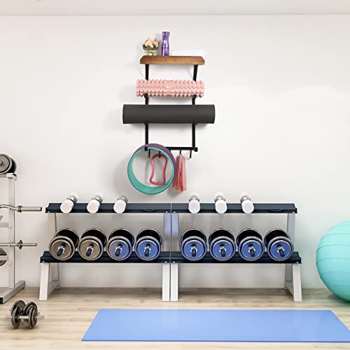 Yoga Mat Holder Wall Mount,17" x 28" Yoga Mat Rack Home Gym Accessories, Storage for Foam Roller, with Wood Floating Shelves and 5 Hooks for Hanging Yoga Strap and Resistance Bands - color: Carbonized Black