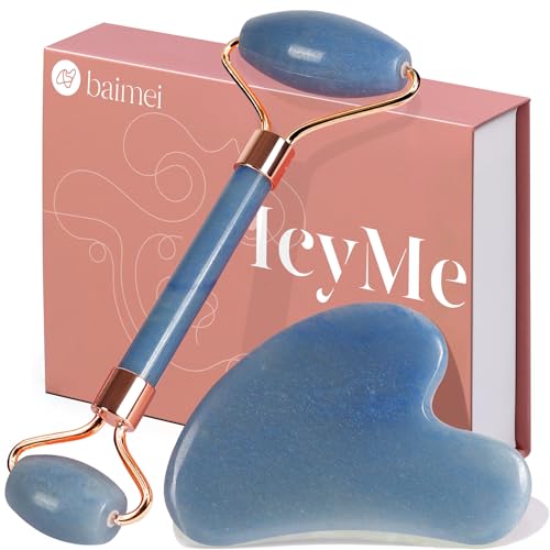 BAIMEI IcyMe Jade Face Roller & Gua Sha, Facial Beauty Roller Skin Care Tools, Self Care Gift for Men Women, Massager for Face, Eyes, Neck, Relieve Fine Lines and Wrinkles - Blue - color: Blue