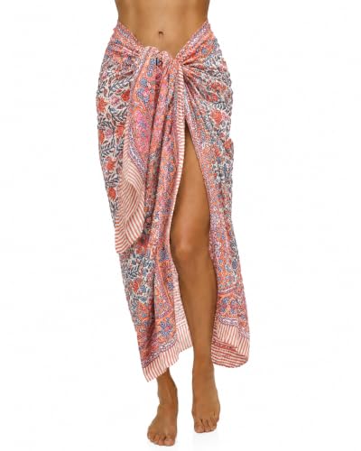 100% Cotton Hand Block Print Pareo Sarong Swimsuit Wrap Skirt Cover Up Long Women’s Apparel Fabric Beach Bikni (73" x 44") - color: Orange 1
