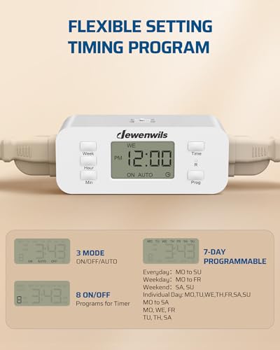 DEWENWILS 7 Day Heavy Duty Timers for Electrical Outlets, Dual Outlet Digital Timer, 3 Prong Programmable Light Timer for Indoor Lamp, Light, Fan, Pets, Home, Kitchen, Office, 125V 60Hz, 1 Pack - color: 7day, size: 1pack