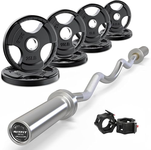 RitFit 2 Inch EZ Curl Bar with Weights, 350LBS Weight Capacity Olympic Curl Barbell for Bicep, Tricep and Weight Lifting Exercises - style: Silver(with 85LB Weights and Collar)