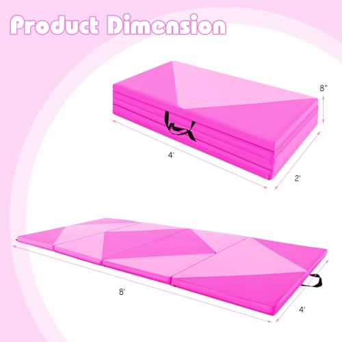 Goplus Gymnastics Mat, Folding Tumbling Mat with Carry Handles, Hook & Loop Fasteners, 4 Panels for Fitness Exercise Yoga Stretching Aerobics Workouts, Thick Gym Mats for Home - color: Pink&Rose