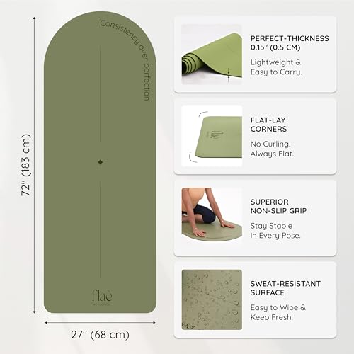 Arch-shaped Yoga Mat, Eco PU Rubber, Non-Slip Exercise Mat for Yoga, Pilates, Home Workout & Stretching with Carry/Stretch Strap & Motivational Design - color: green