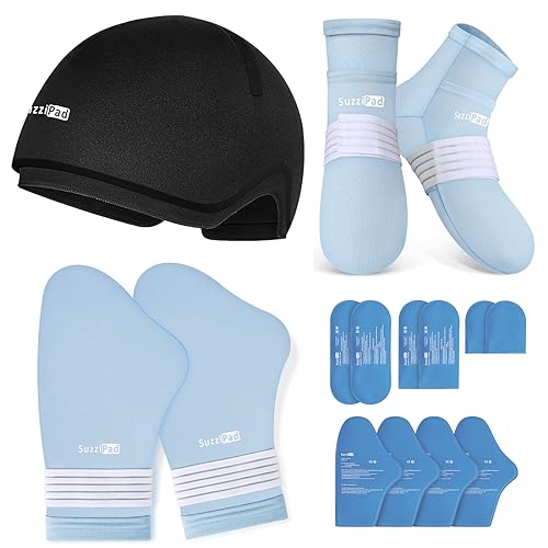 Suzzipad Cold Therapy Socks and Hand Ice Pack, Cooling Gloves for Chemotherapy, Stress Relief Caps, Ideal for Carpal, Chemo Care Package for Women & Men, S/M | Dual-layer &Washable Cover for Chemotherapy Must Haves to Soothe Neuropathy Soreness for Treatm