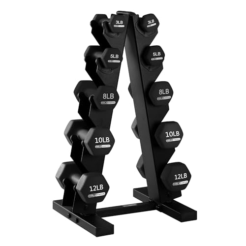 HolaHatha 1, 2 and 3 lb Neoprene Dumbbell Strength Training Weight Set with Rack - color: Black, size: 76 LB
