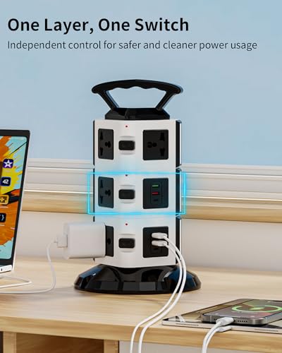 Power Strip Tower with 10 Outlets, 4 USB-A & 2 USB-C Ports, 1875W/15A Heavy Duty Charging Station for Multiple Devices, Plug Tower with 6ft Extension Cord, for Home, Office, Dorm - size: 3-Tier
