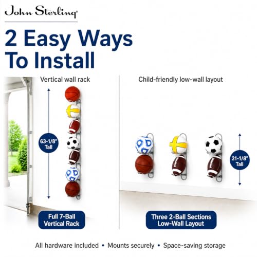 Knape & Vogt Wall Mounted Ball Rack for Garages | 7-Ball Capacity, 63-1/8 in. Tall, John Sterling Collection, Alloy Steel, Silver