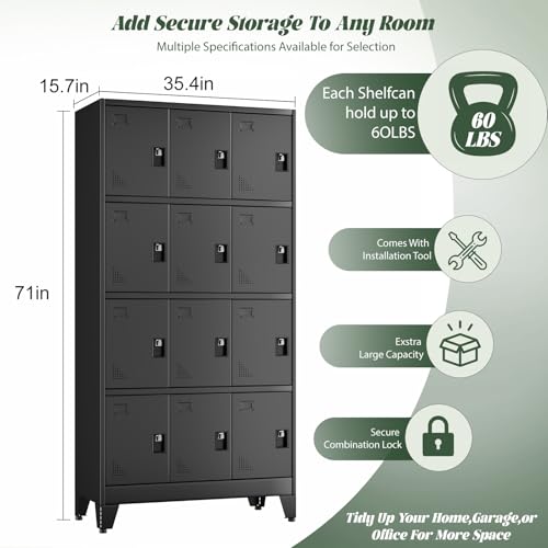 Metal Lockers for Employees-12 Doors Storage Locker with Shelves and Lockable Steel Cabinet for School,Gym,Office,Staff,Assembly Required,Black - color: Black, size: 12Doors