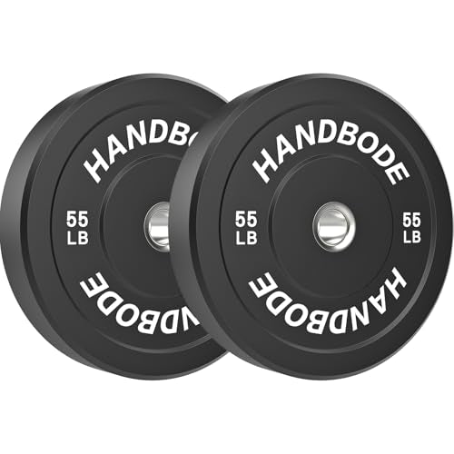 HANDBODE 2-Inch Weight Plates High Bounce, Olympic Bumper Plate Set 45/100/160/190/260/300lb, Colored Weight Plates Set for Home Gym, Barbell Weights Rubber Strength Training Plate for Weight Lifting - size: 55 lb, Pair, style: Standard