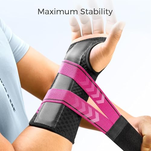 FREETOO Carpal Tunnel Wrist Brace Night Support Fit Right Hand for Work, Pain Relief Wrist Splint for Tendonitis, Sprain, Strain, Rigid Hand Brace for Arthritis for Women Men (XS, Black/Pink) - size: XS, style: Right-Rosa Pink/Black