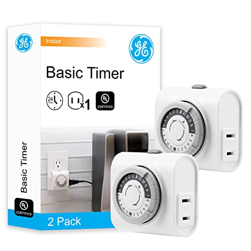 GE 24‑Hour Plug-in Mechanical Timer Outlet, 1 Polarized Outlet, 2 Pack | Plug-in Control for Indoor Lighting, Lamps, Christmas Trees, Manual Override Switch, 30-Minute Intervals - size: 2 Pack
