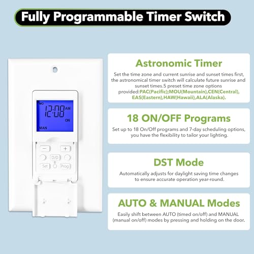 BN-LINK Astronomical Timer Switch for Lights, 7 Day Programmable Switch | Auto Sunrise Sunset Light Timer Switch, 18 ON/OFF Programs, DST/Random Mode, Neutral Required, Free Wall Plate, ETL listed - color: Astronomical with Backlight, size: 1 Pack