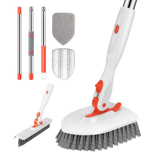 SetSail 4-in-1 Tile Tub Floor Scrubber with 52-inch Adjustable Long Handle Shower Cleaner Brush with V-Shaped Grout Brush and 3 Replacement Brush Heads for Cleaning Bathroom Kitchen Walls Tub Tile - color: Orange, size: 2 Pads + V-Shaped Brush