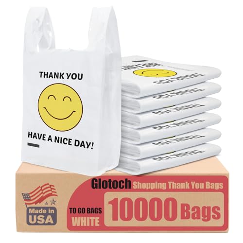 Glotoch 10000 (10K) Ct Plastic Thank You T-shirt Bags Smile Face, 11.5 x 6.5x 21" Have Nice Day Grocery Shopping Gift Bag with Handles for Restaurant, Retail, Togo, Convenience Store, in Bulk Business - color: White Smile, size: 10000 Count