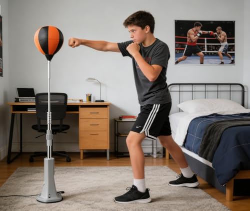 Punching Bag with Stand, Height Adjustable Speed Bag Reflex Trainer Set for Teens Adults, Boxing Equipment with Suction Base for Home Gym, Anti-Slip & No Floor Damage, Stress Relief Fitness Gear