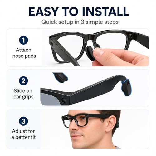 Compatible with Ray-Ban Meta Wayfarer Eyeglass Nose Pad, 8 Pairs Soft Silicone Anti Slip Replacement Nose Pads - color: Black-1 Pair Ear Grip + 8 Pair Nose Pads