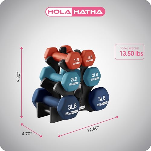 HolaHatha 1, 2 and 3 lb Neoprene Dumbbell Strength Training Weight Set with Rack - color: Blue/Red, size: 12 LB