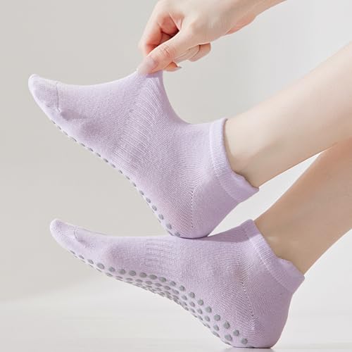 5 Pairs Pilates Socks with Grips for Women Non Slip Grip Yoga Crew Socks for Barre Hospital Barefoot - color: B - Black Gray Pink Purple Blue