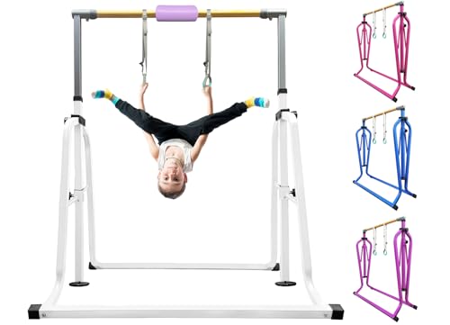 Foldable & Moveable Gymnastics Horizontal Bar with Rings,3’to 5’Adjustable Height Expandable Junior Kip Bar for Home,Indoor Gym Equipment for Kids - style: Foldable White with Rings