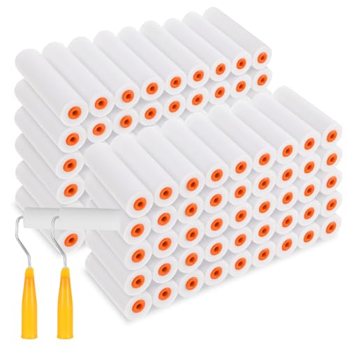 100 Pcs 4 Inch Foam Paint Roller with 2 Handles, Mini High Density Foam Roller Refills Paint Edger Tool for Walls Brings Smooth Finishes Flat Surfaces (White)