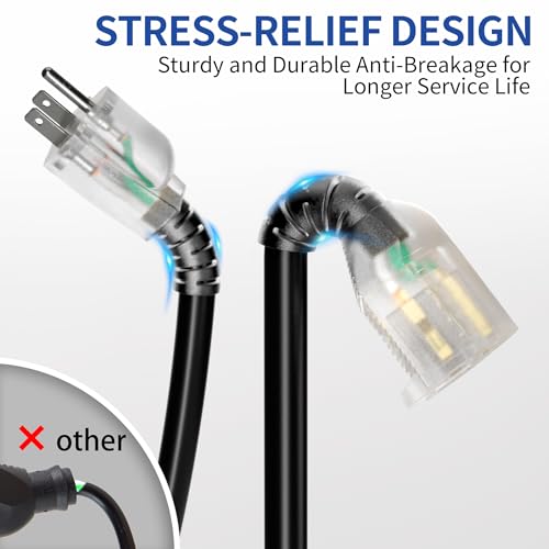 50ft Outdoor/Indoor Extension Cord with Lighted 10/3 Gauge Ultra 3 Prong Heavy Duty SJTW, Waterproof, Flexible Cold-Resistant,15A 125V 1875W, Black - size: 50FT