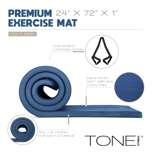 Tone Fitness 1-Inch Thick Yoga Mat | High-Density, Non-slip Exercise Mat with Carrying Strap for Yoga, Pilates, & Home Gym Workouts | Multiple Options - color: Blue, style: Wave