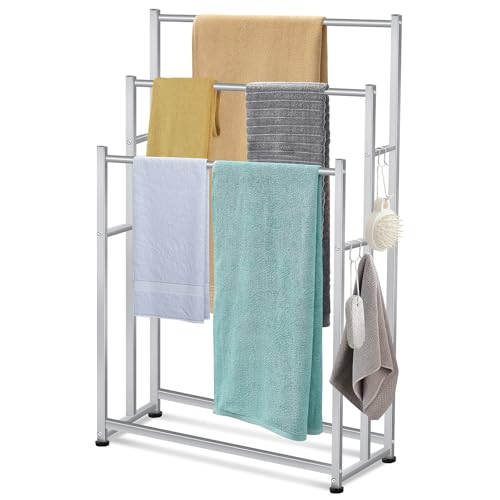 47.6 Inch Tall Free Standing Towel Racks 3 Tier Pool Towel Rack Outdoor Oversized Floor Bath Towel Drying Valet Holder Blanket Quilt Rack Stand for Bathroom Bedroom Beach Hot Tub Gym Pool Area Outside - color: Silver
