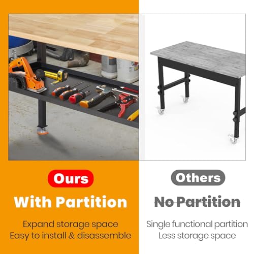 48"/60'' Adjustable Workbench, Rubber Wood Work Bench | Heavy-Duty With Partition ,2000 LBS Load Capacity Hardwood Work table for Garage, Workshop - size: with partition, 48